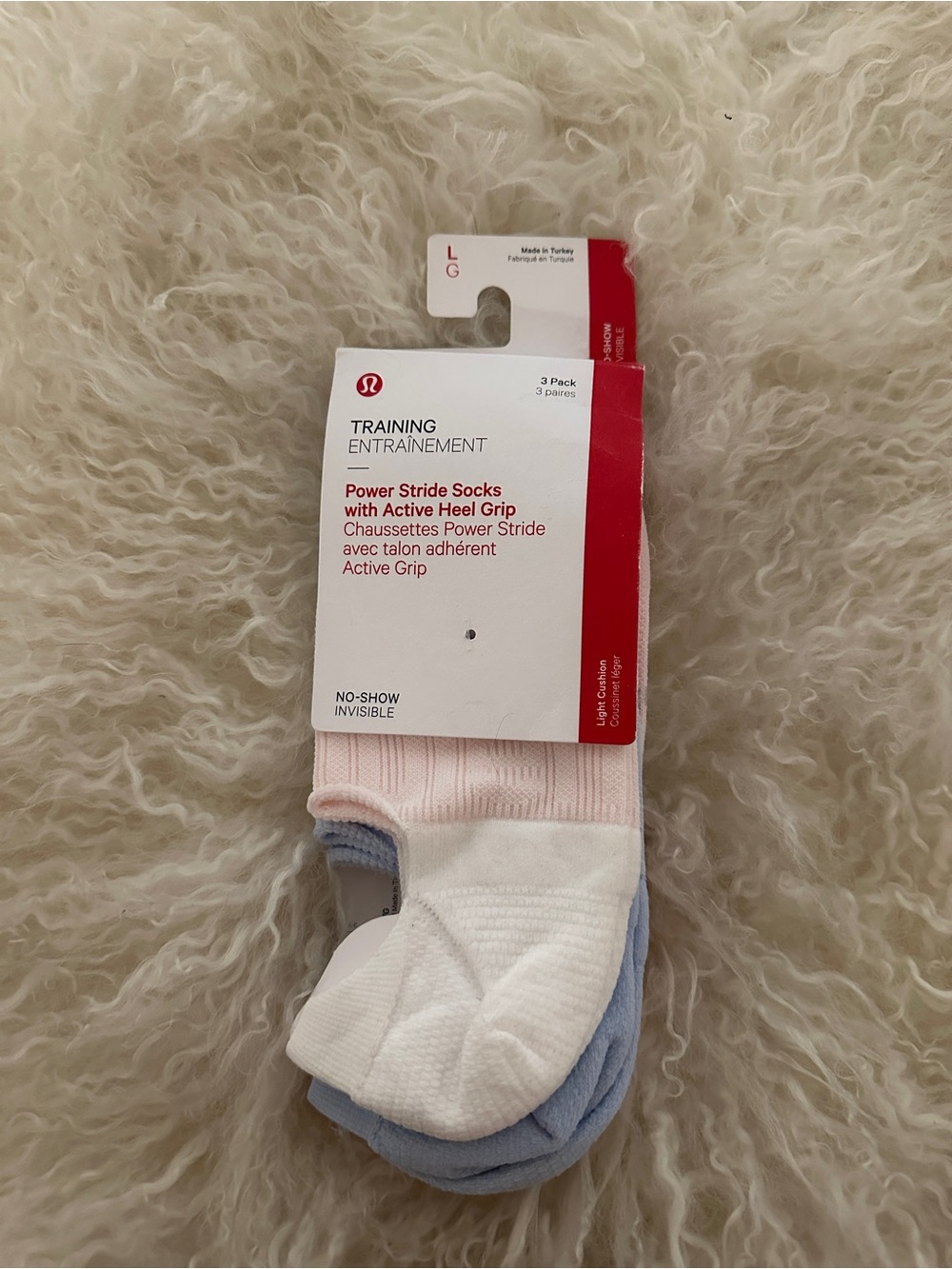 NWT Lululemon Power Stride Socks No Show 3 Pack - WHT/WNDM/STMI - Size L